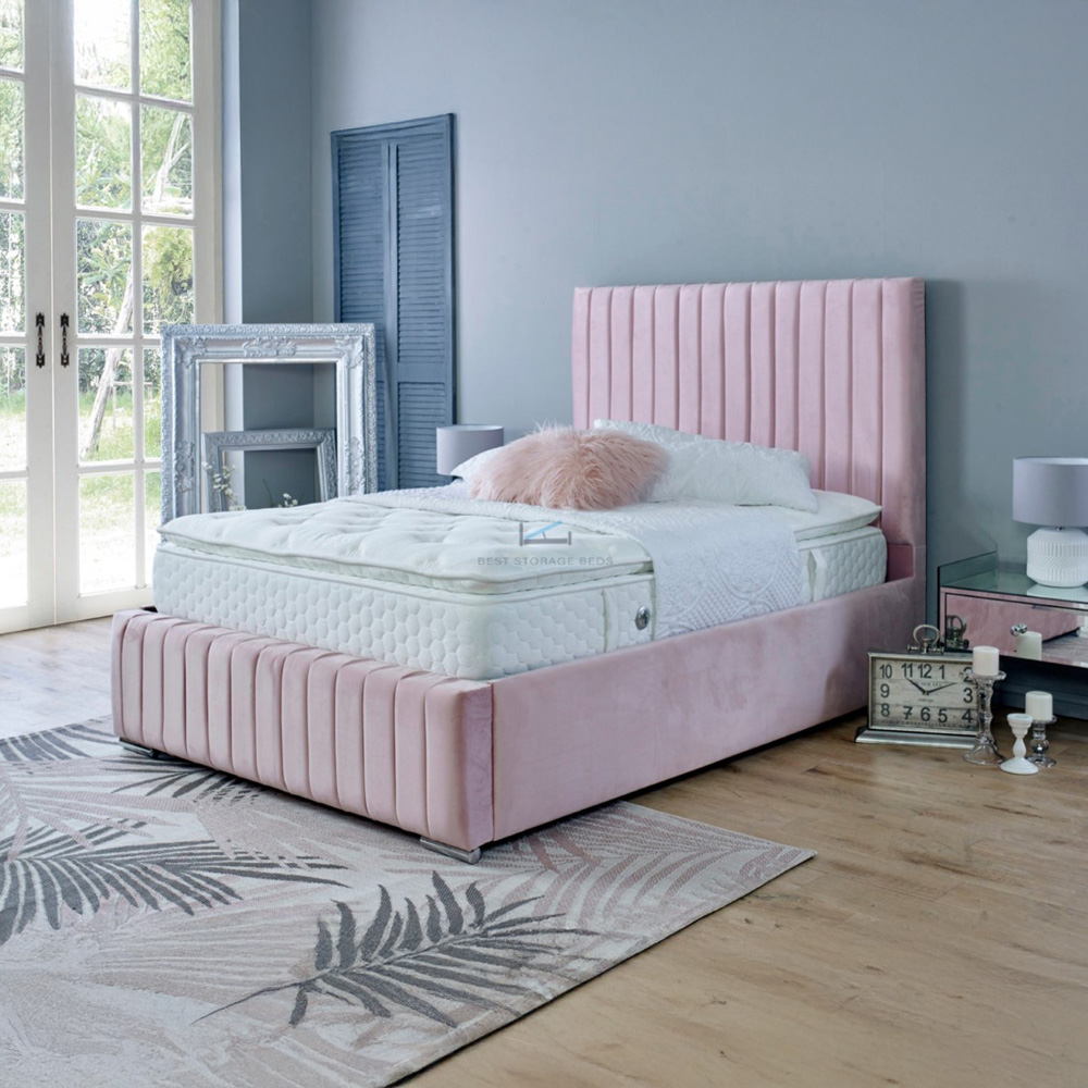 DS Living Savoy Single Pink Panel Line Soft Velvet Bed Frame Image 4