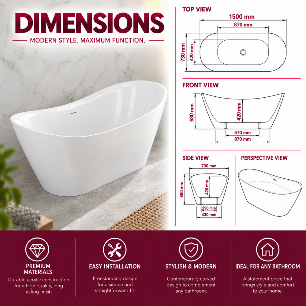 Go Bathrooms Gloss White Double Ended Acrylic Freestanding Bath 1500 x 750mm Image 5