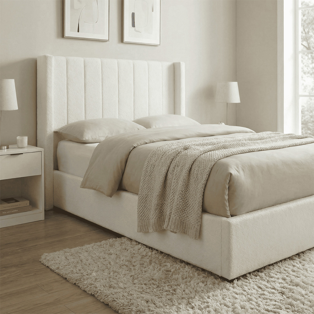 Home Source Alix Double White Boucle Lift-Up Ottoman Bed with Fluted Headboard Image 5