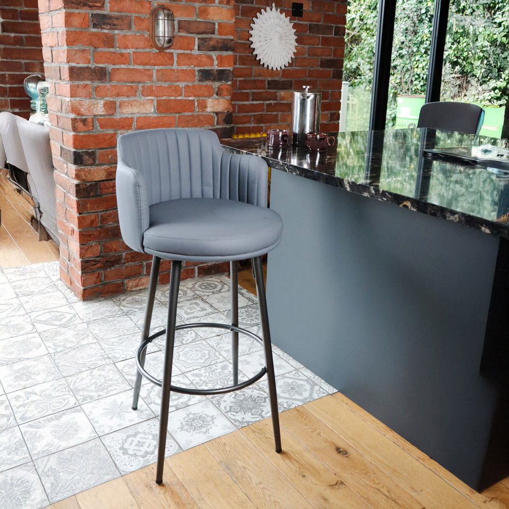 MMT Furniture Designs Dark Grey PU Leather Retro Swivel Bar Stool with Footrest Set of 2 Image 5