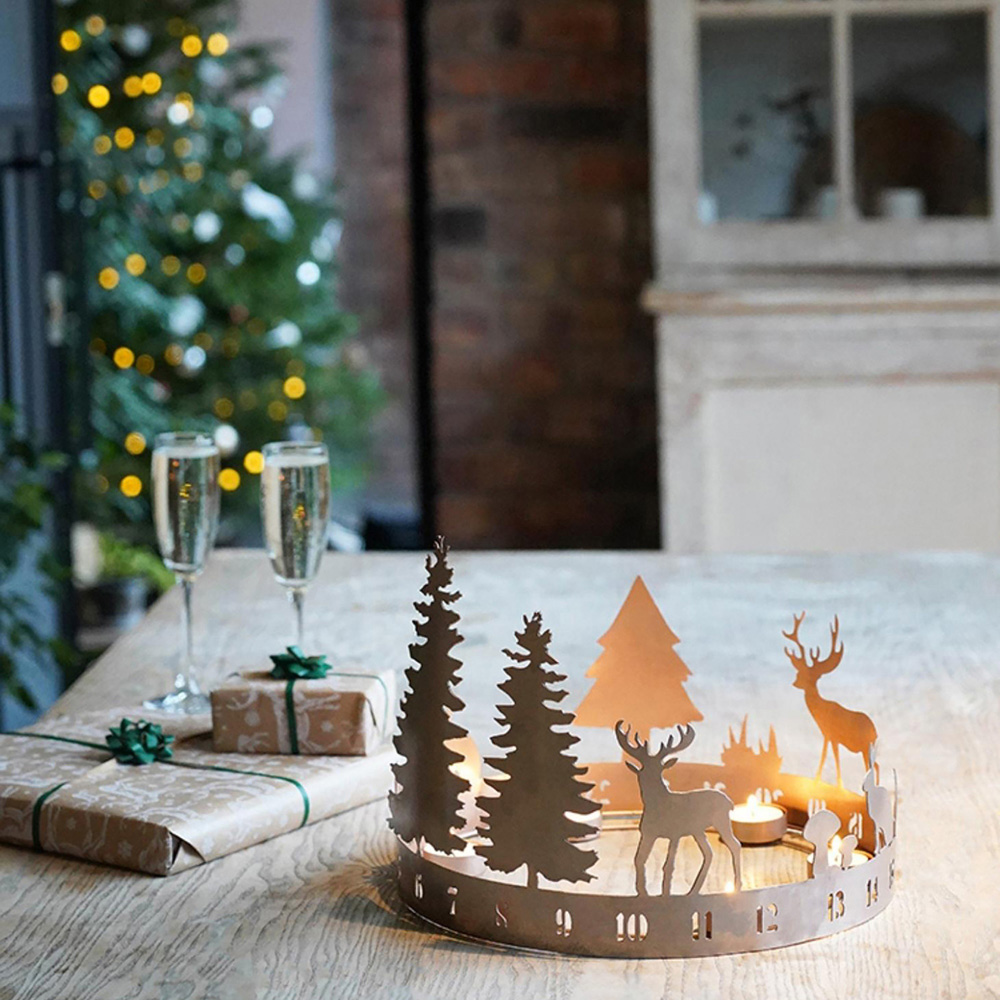 Ivyline Metal Copper Round Advent Forest Christmas Tealight Centrepiece Image 2