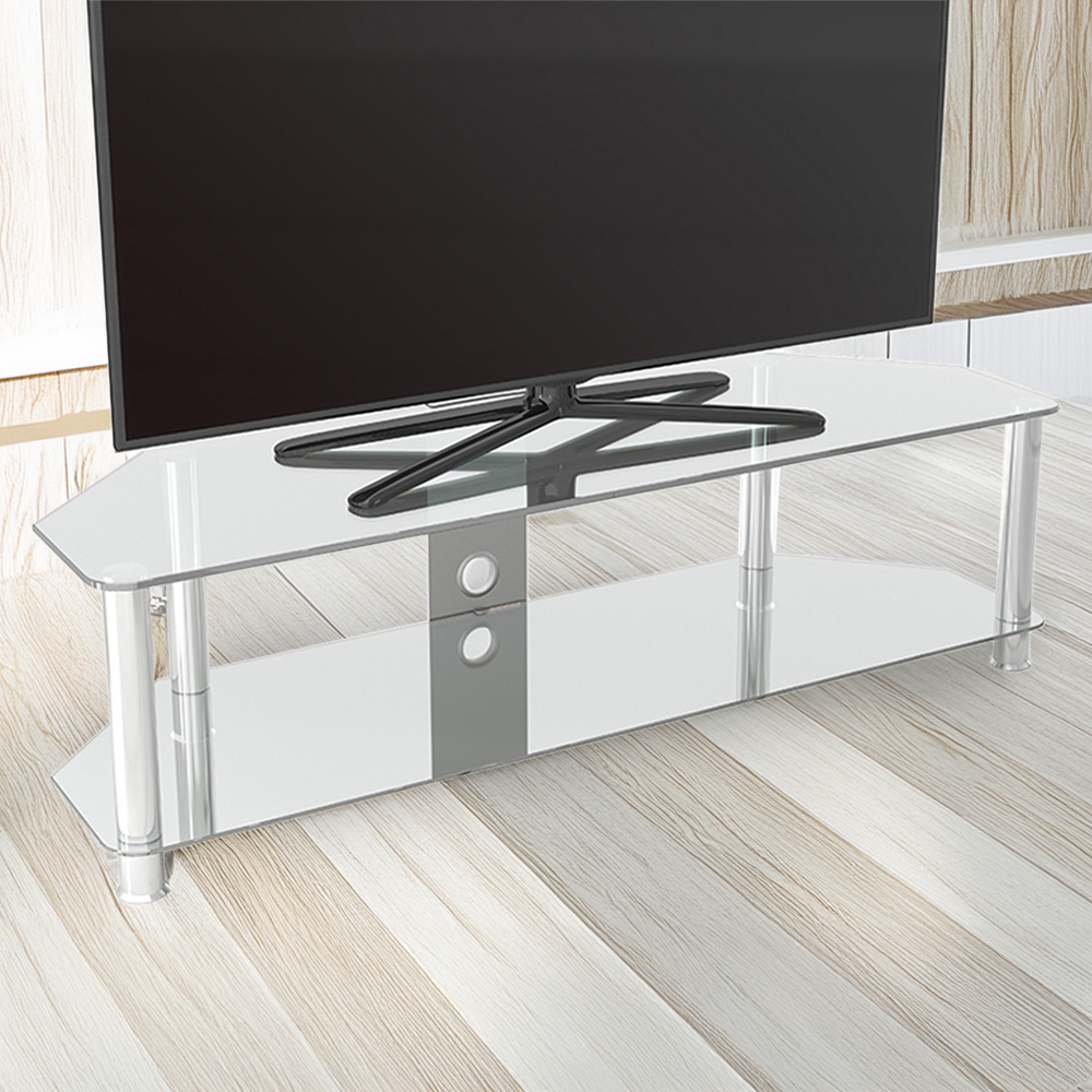 AVF Classic 2 Shelf Clear and Chrome Corner TV Stand Image 1
