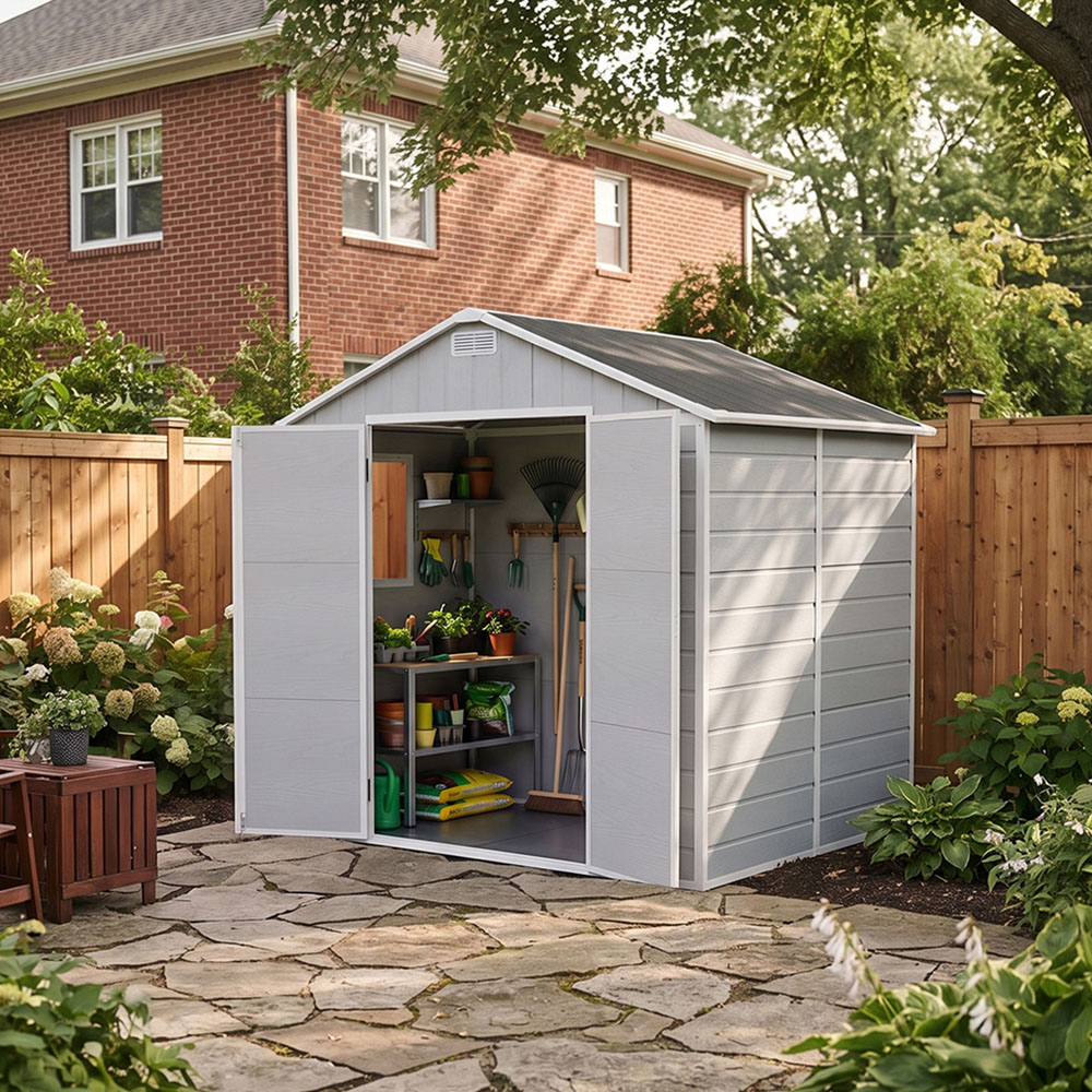 Living and Home 8 x 6ft Smokey Grey Wood Grain Plastic Apex Storage Shed Image 7