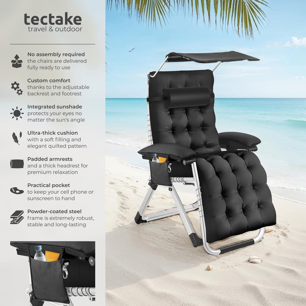 tectake Cirrus Black Set of 2 Folding Plush Padding Sun Lounger with Sun Shade Image 3