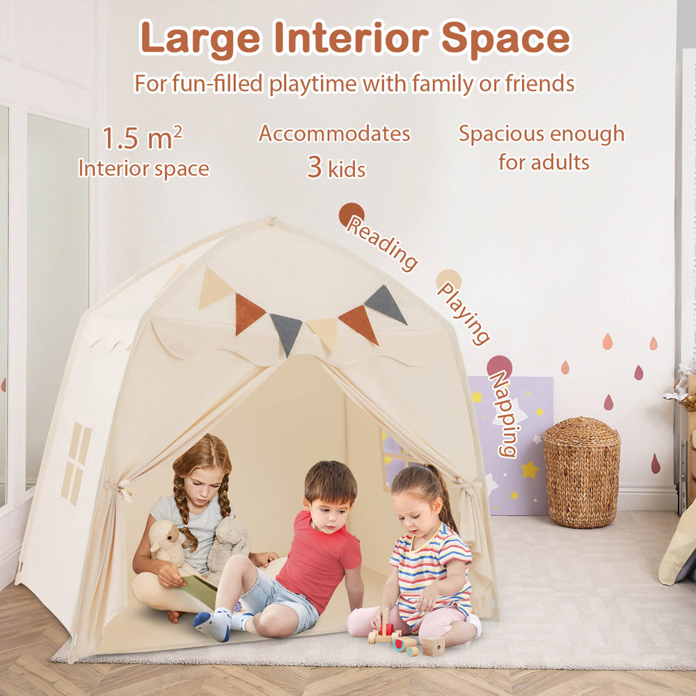Costway 3 Person Extra Large Kids Play Tent with Lights Beige Image 6
