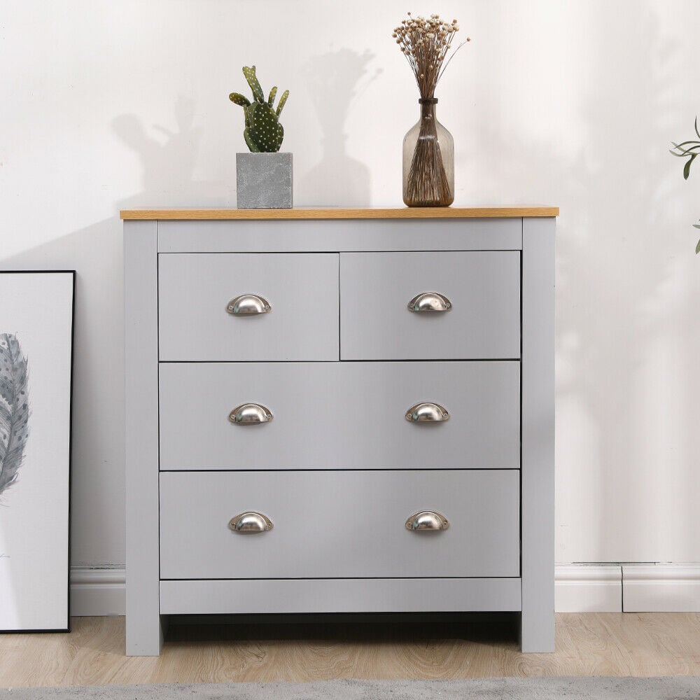FurnitureHMD 4 Drawer Grey and Oak Effect Wooden Chest of Drawers Image 5