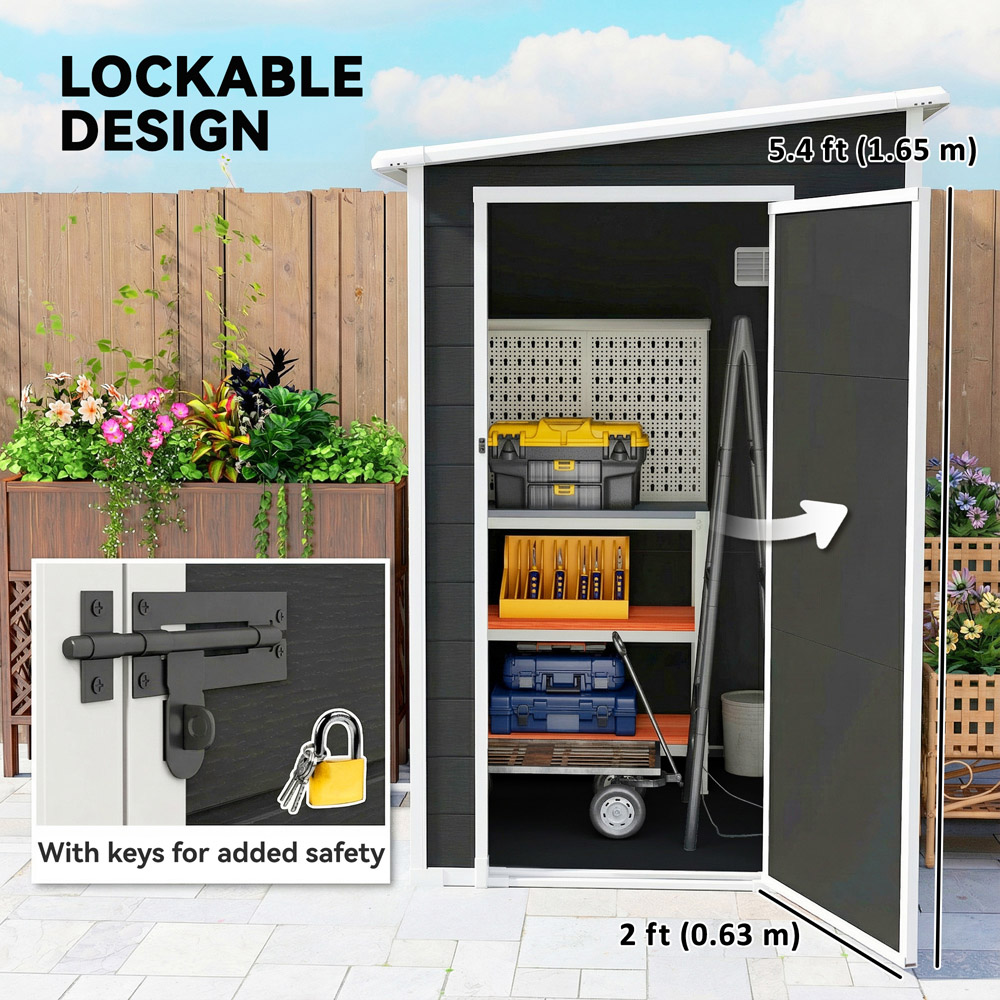 Outsunny 4 x 5ft Black Plastic Lockable Pent Garden Shed with Lean To Image 7