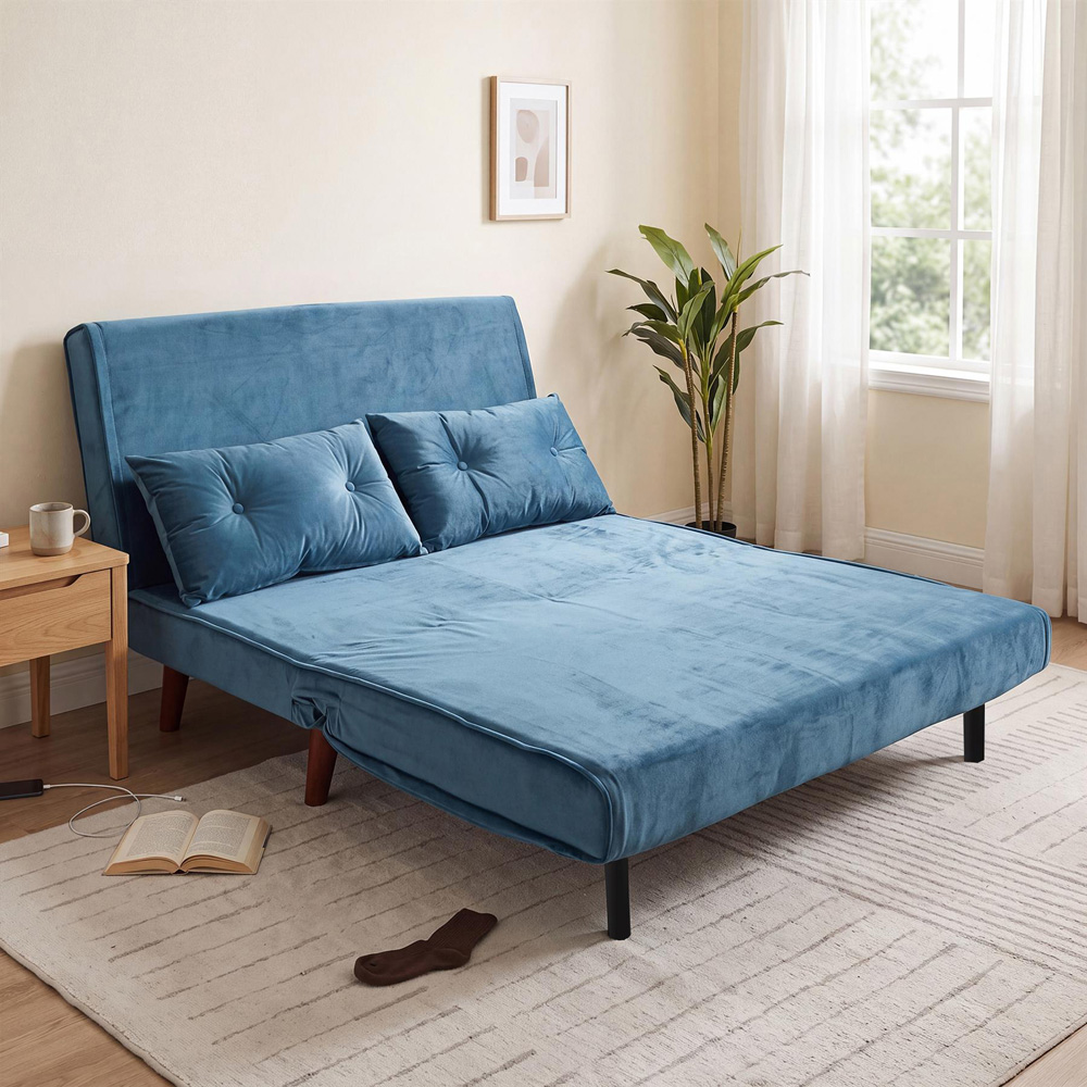 Portland 2 Seater Blue Velvet Sofa Bed Image 5