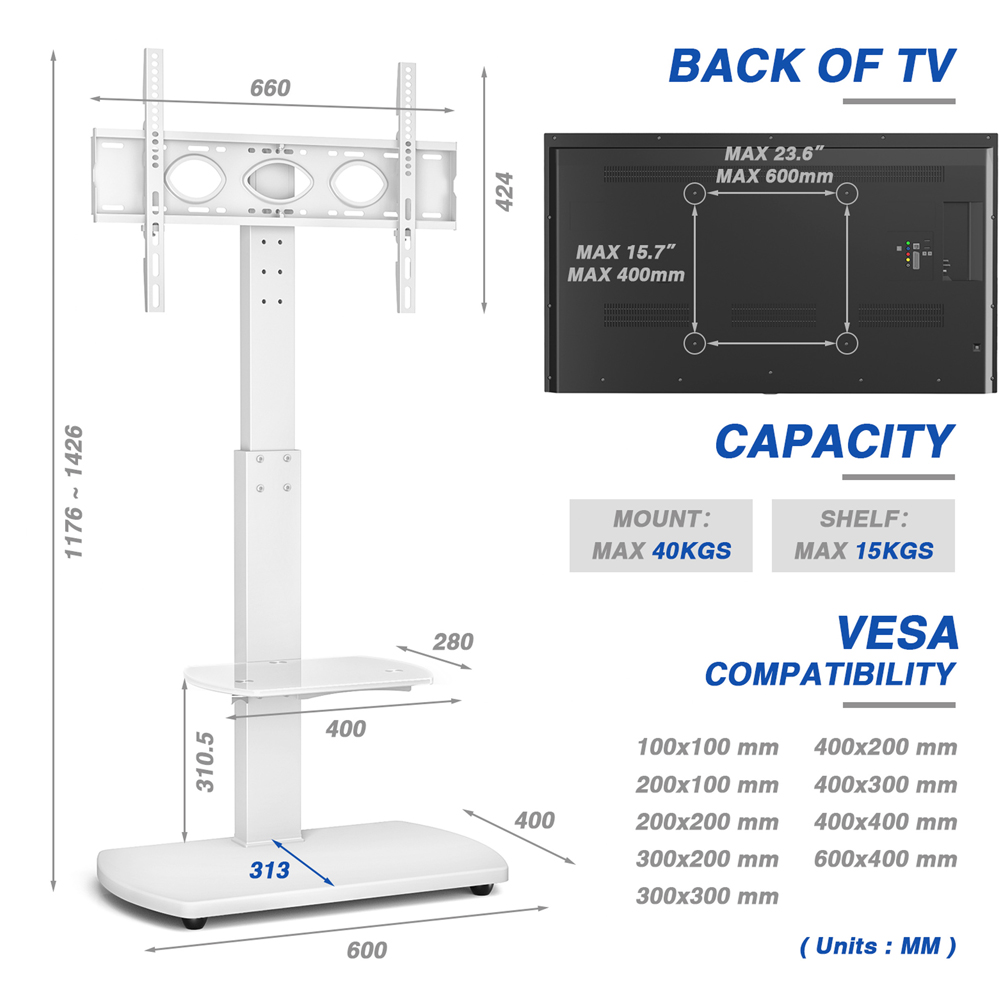 TTAP Single Shelf White Freestanding TV Stand Image 6