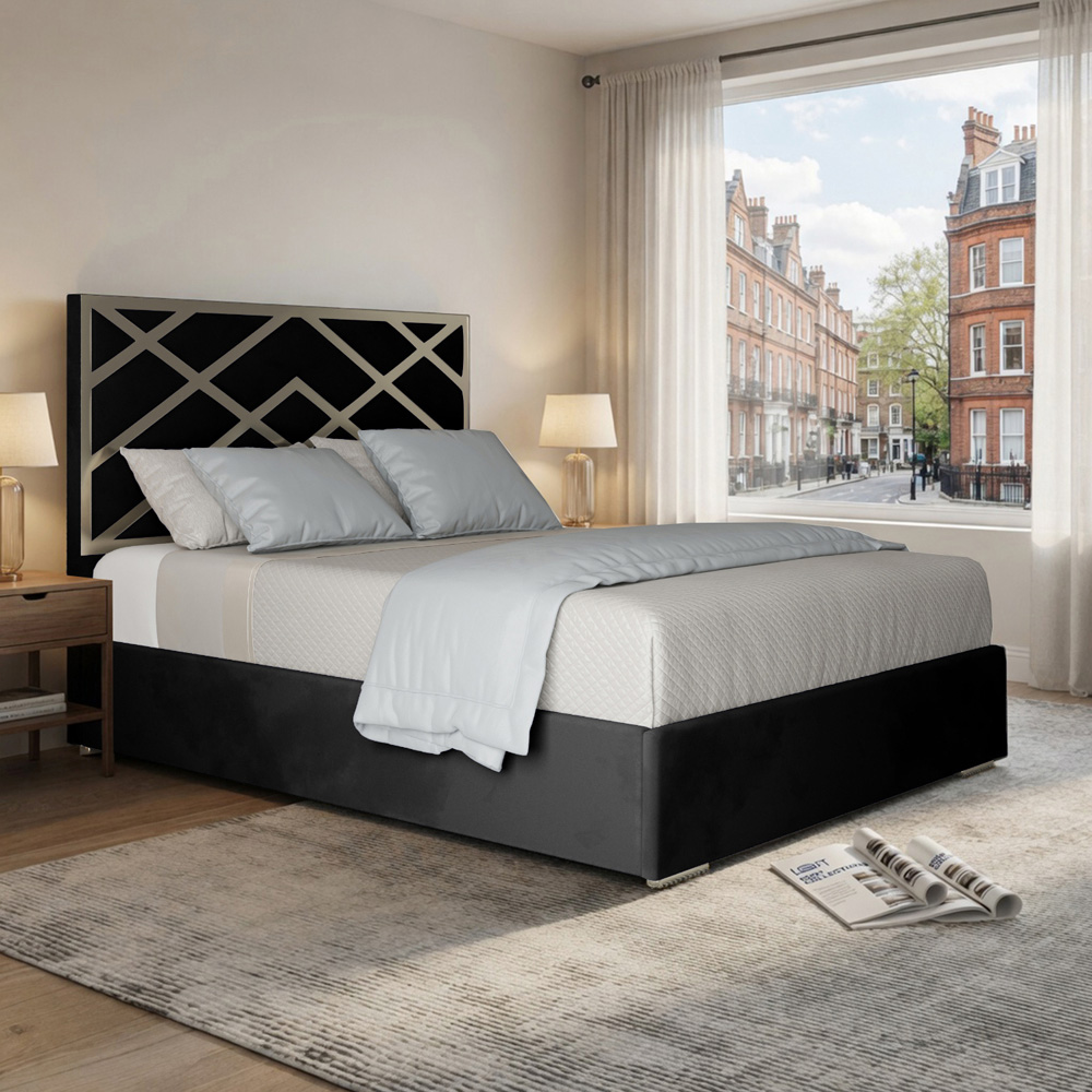 Mayfair Black King Size Velvet Upholstered Metal Bed Frame with Panelled Headboard Image 5