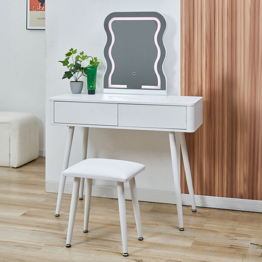 Wavey LED Dressing Table and Stool - White Image 1