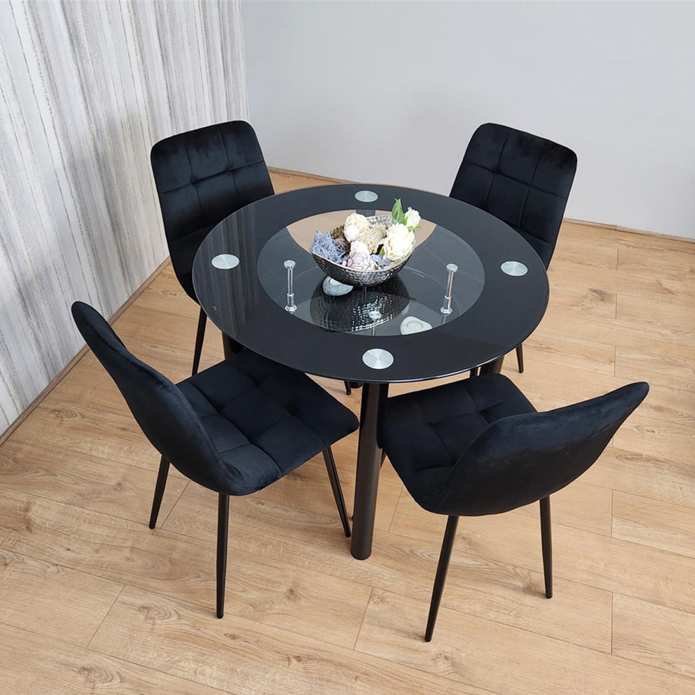 Portland Rocco 4 Seater Round Glass Velvet Dining Set Black Image 4