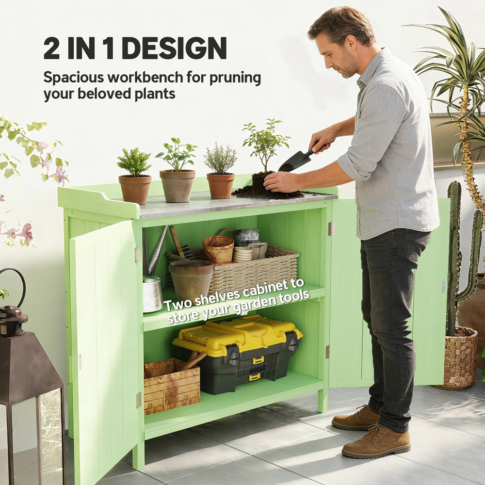 Outsunny 2 Door Green Garden Storage Cabinet with Galvanised Top Image 8