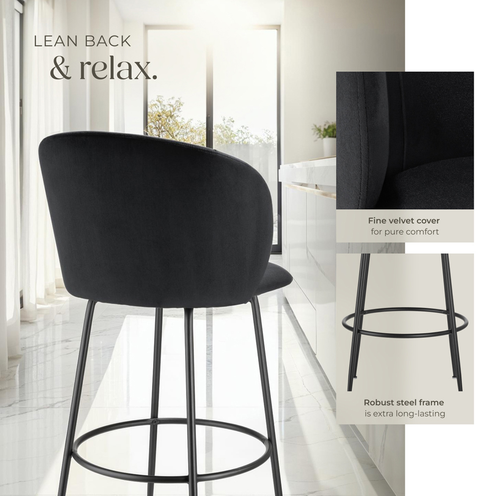 tectake Luana Black Velvet Look Padded Bar Stool Set of 2 Image 4