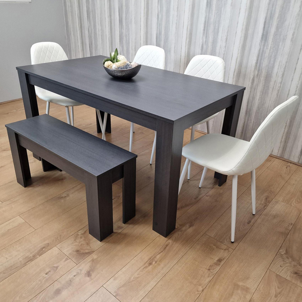 Portland Leather and Wood 6 Seater Dining Set Dark Grey and White Image 1