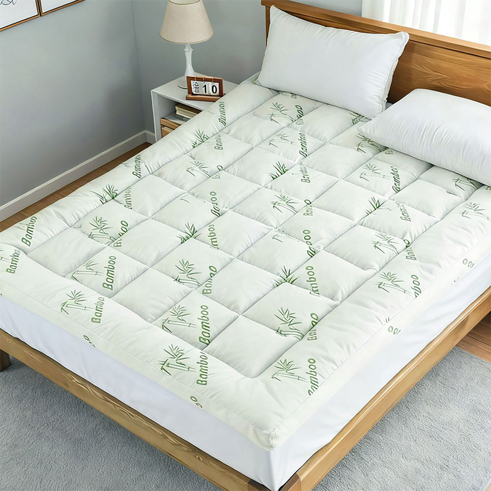 Living and Home King Size White and Green Bamboo Leaf Quilted Mattress Topper Image 2