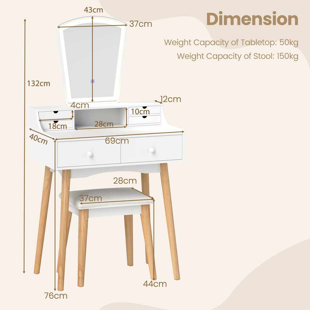 Costway 6 Drawer White LED Dressing Table and Chair Set Image 9