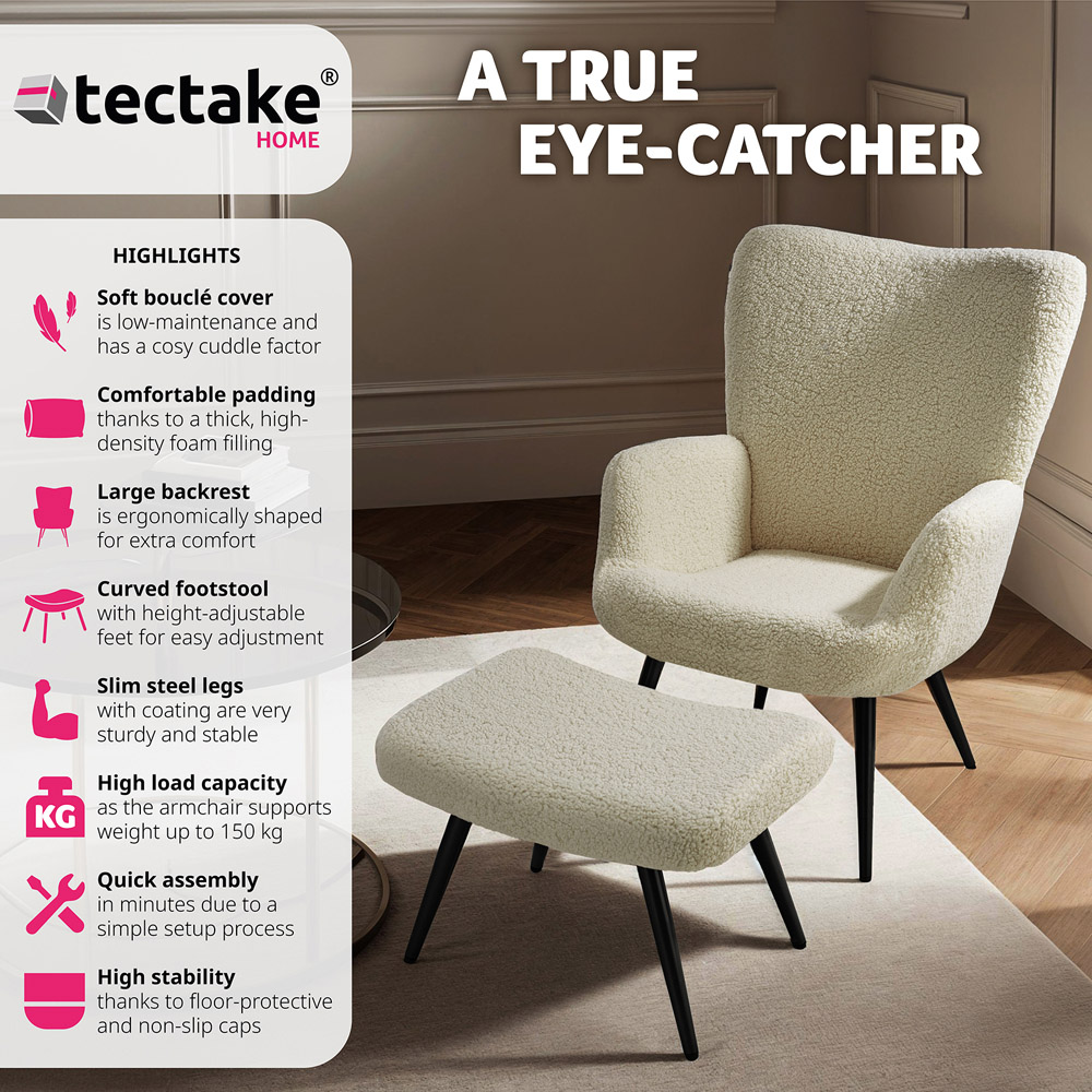 tectake Hygge Cream and Black Boucle Padded Armchair with Stool Image 3