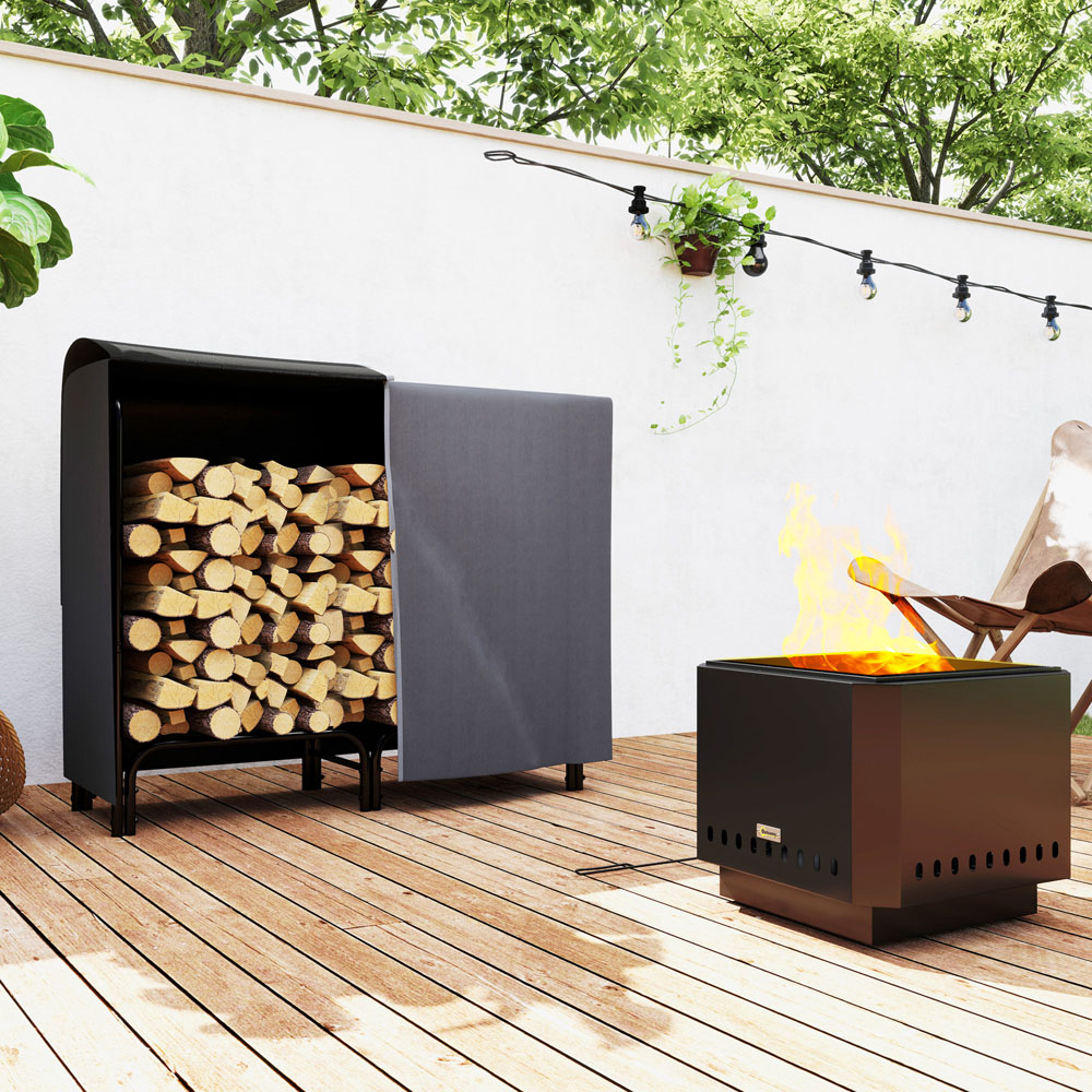Outsunny 4ft Black Firewood Log Storage Rack with Canvas Carrier and Oxford Cover Image 2