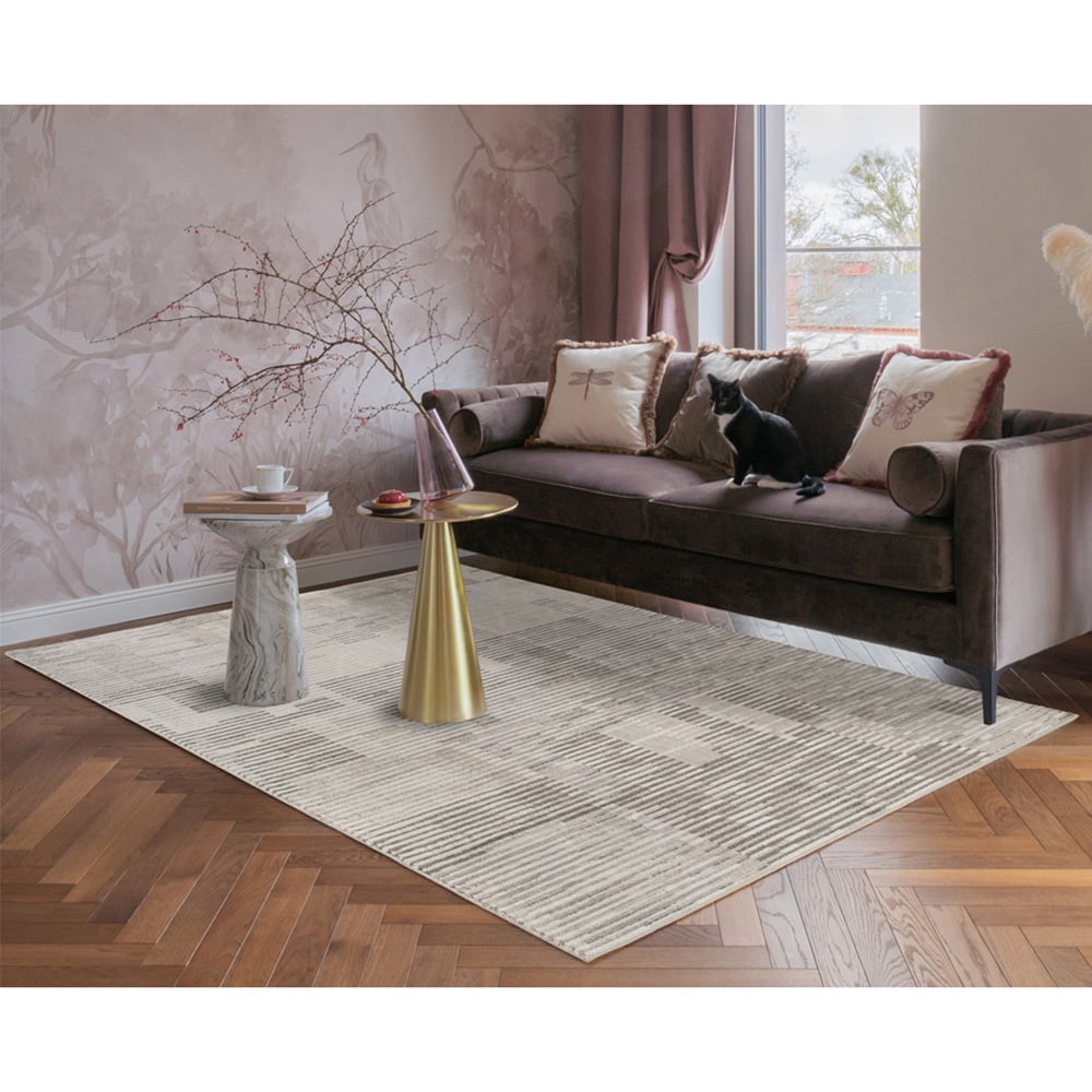 Mayfair Living Room Area Rug Metallic Sheen Contemporary Modern Matrix Design - Stone 120cm x 170cm Image 2