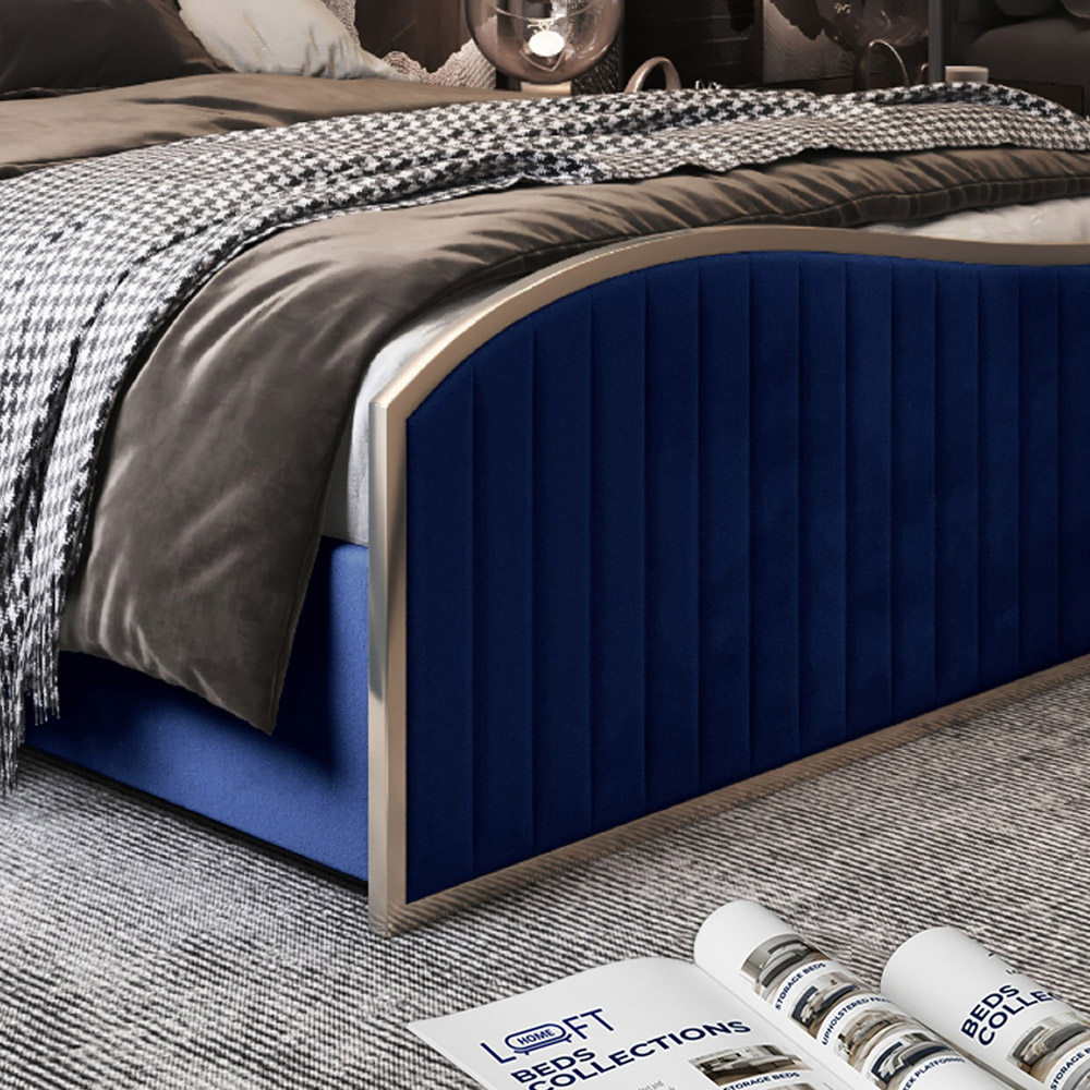 Brixton Blue Small Double Velvet Upholstered Metal Bed Frame with Wave Headboard Image 4