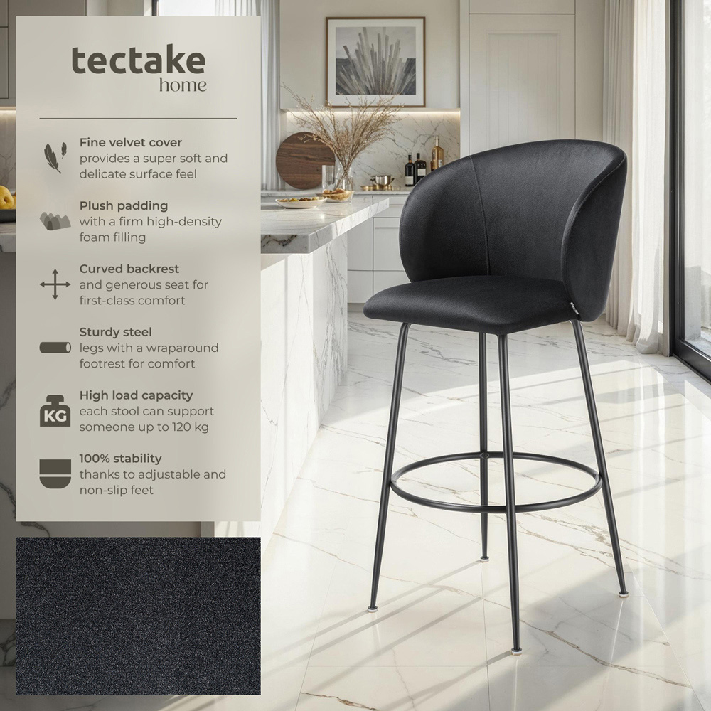 tectake Luana Black Velvet Look Padded Bar Stool Set of 6 Image 7