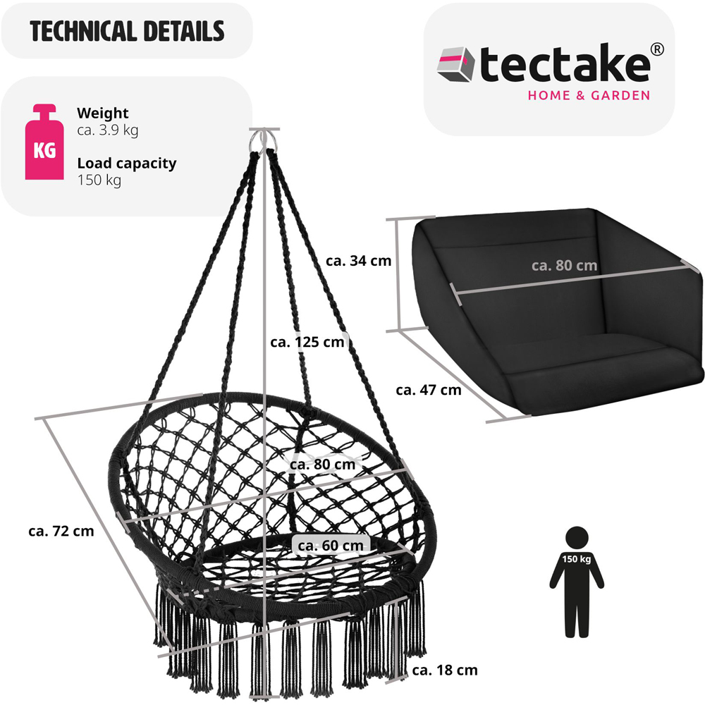 tectake Grazia Black Swing Chair with Seat and Back Cushions Image 8