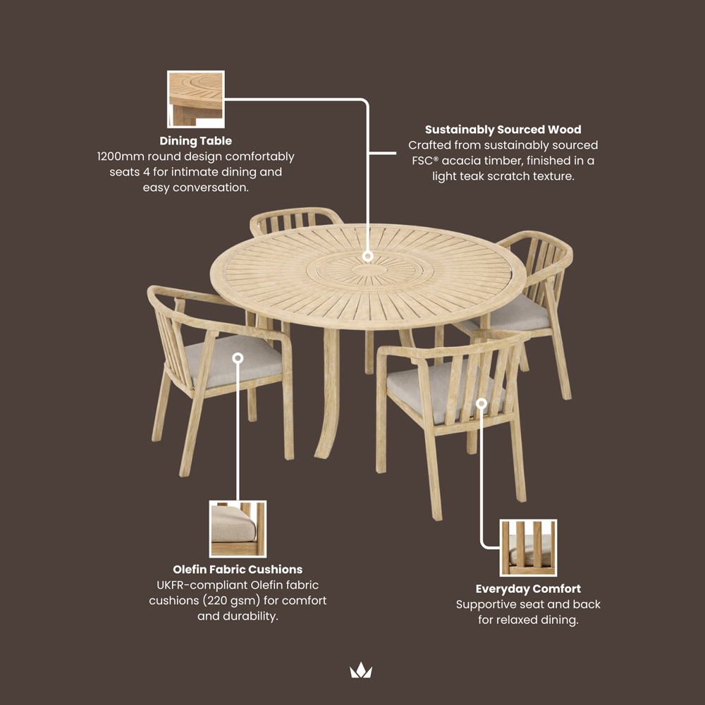 Royalcraft Maris 4 Seater Light Teak Acacia Wood Round Outdoor Bistro Set Image 8
