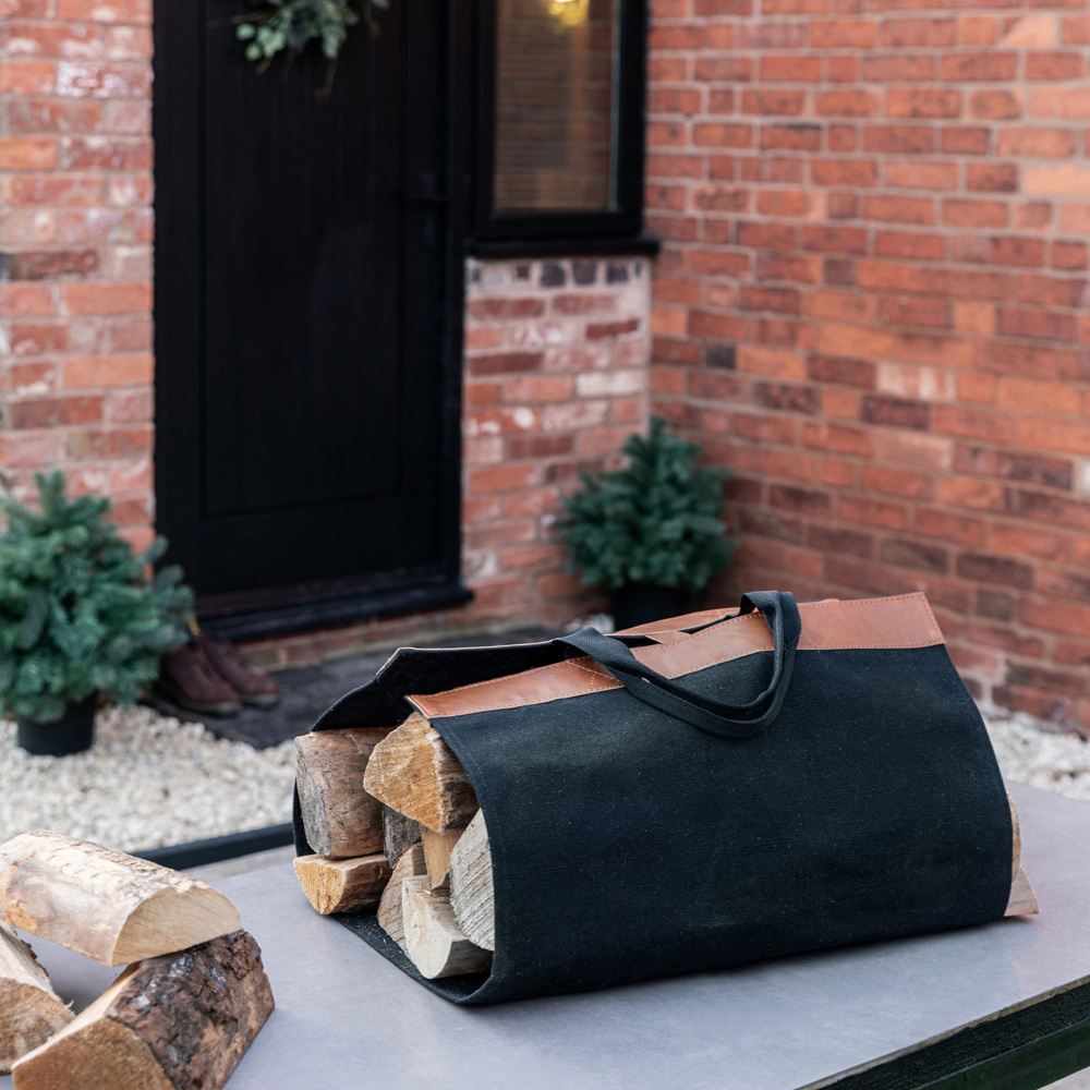 Ivyline Black Fabric Foldable Log Bag with Faux Leather Handles Image 2