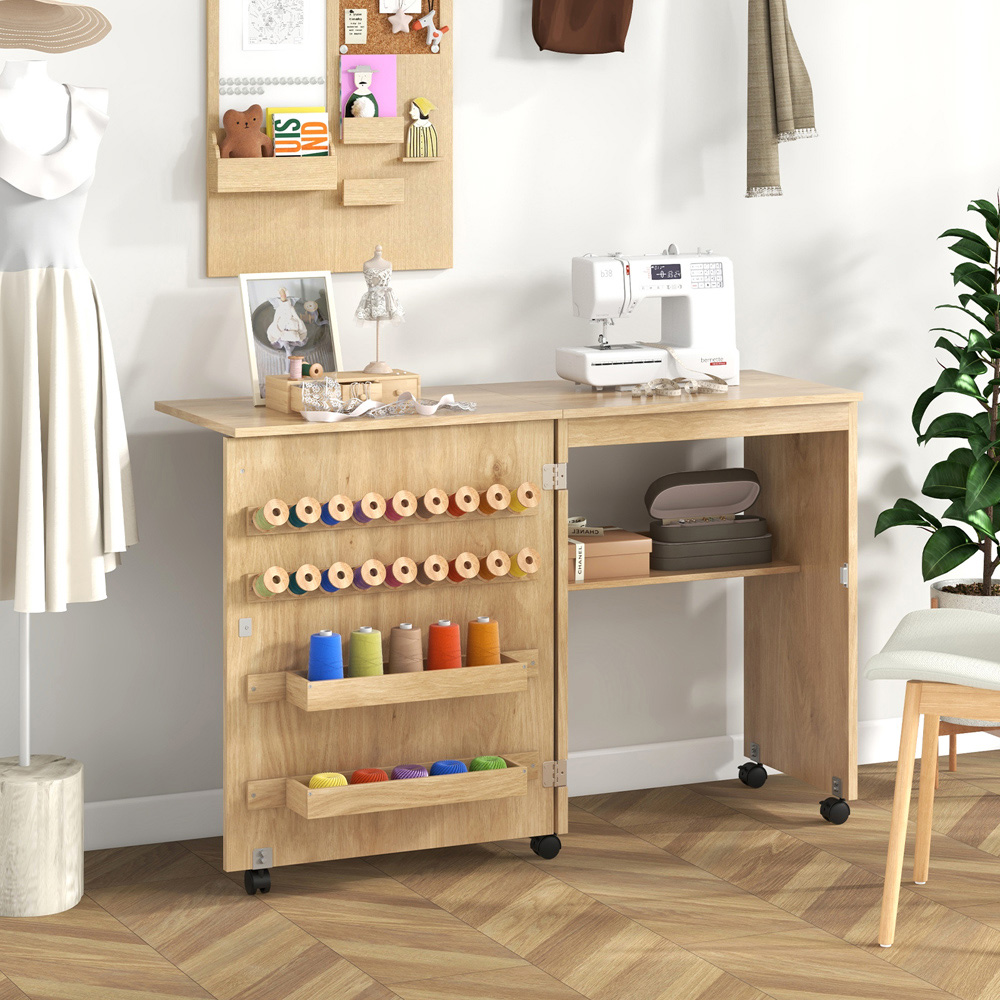 Costway Single Shelf 2 Tray Natural Folding Sewing Table with Wheels Image 6