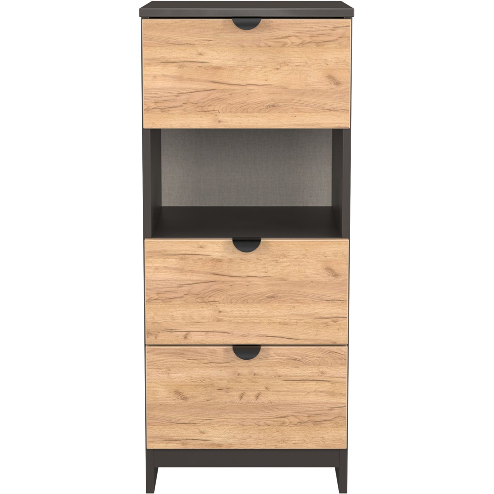 Crowndale Bora 3 Drawer Single Shelf Gold Oak and Graphite Bedside Cabinet Image 2