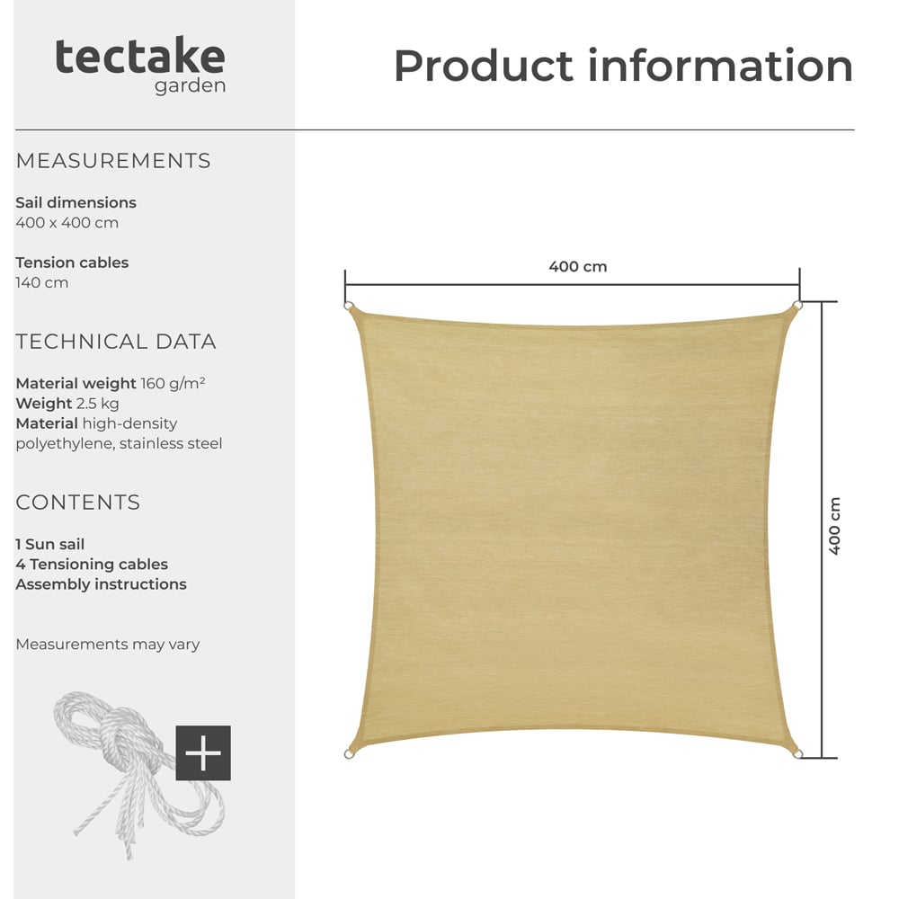 tectake Beige UV 50+ Rectangular Shade Sail 400cm Image 8