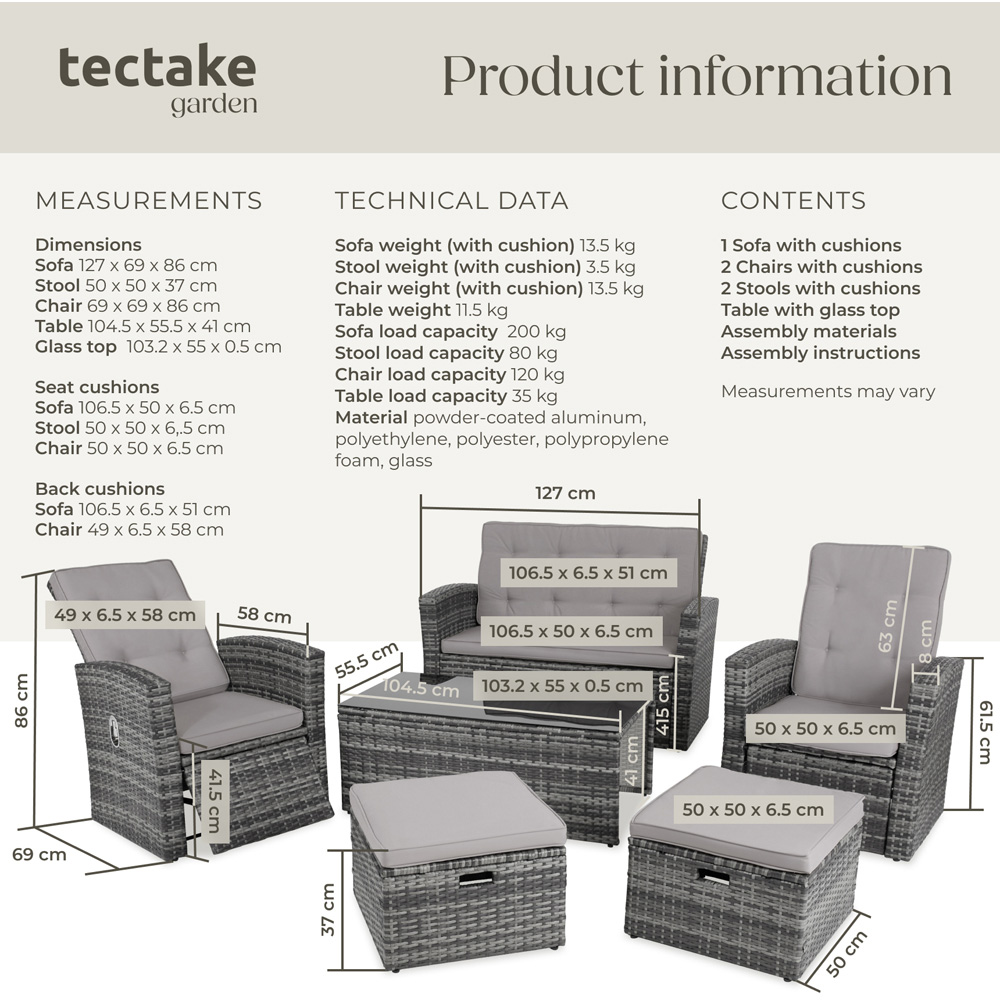 tectake Bari 6 Seater Grey Rattan Reclining Garden Lounge Set Image 9