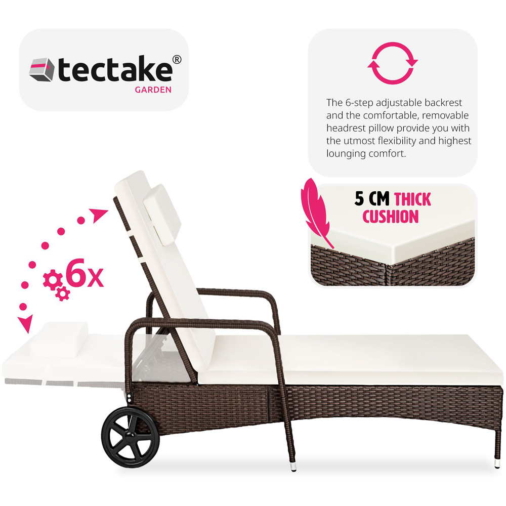 tectake Cassis Mixed Brown 6 Level Adjustable Sun Lounger with Removable Headrest and Wheels Image 4