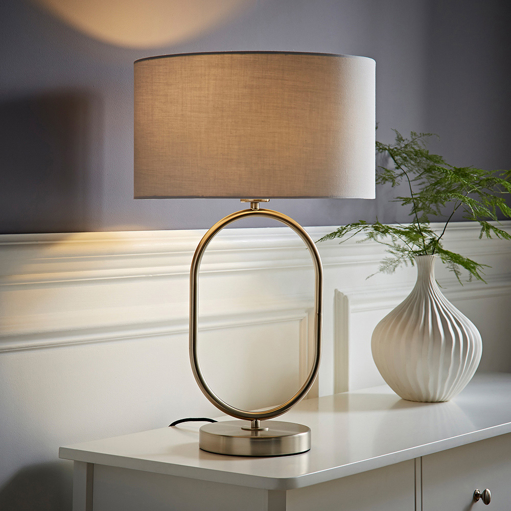 ValueLights Antonia Grey Fabric Drum Lamp Shade Brushed Chrome Oval LED Table Lamp Image 6