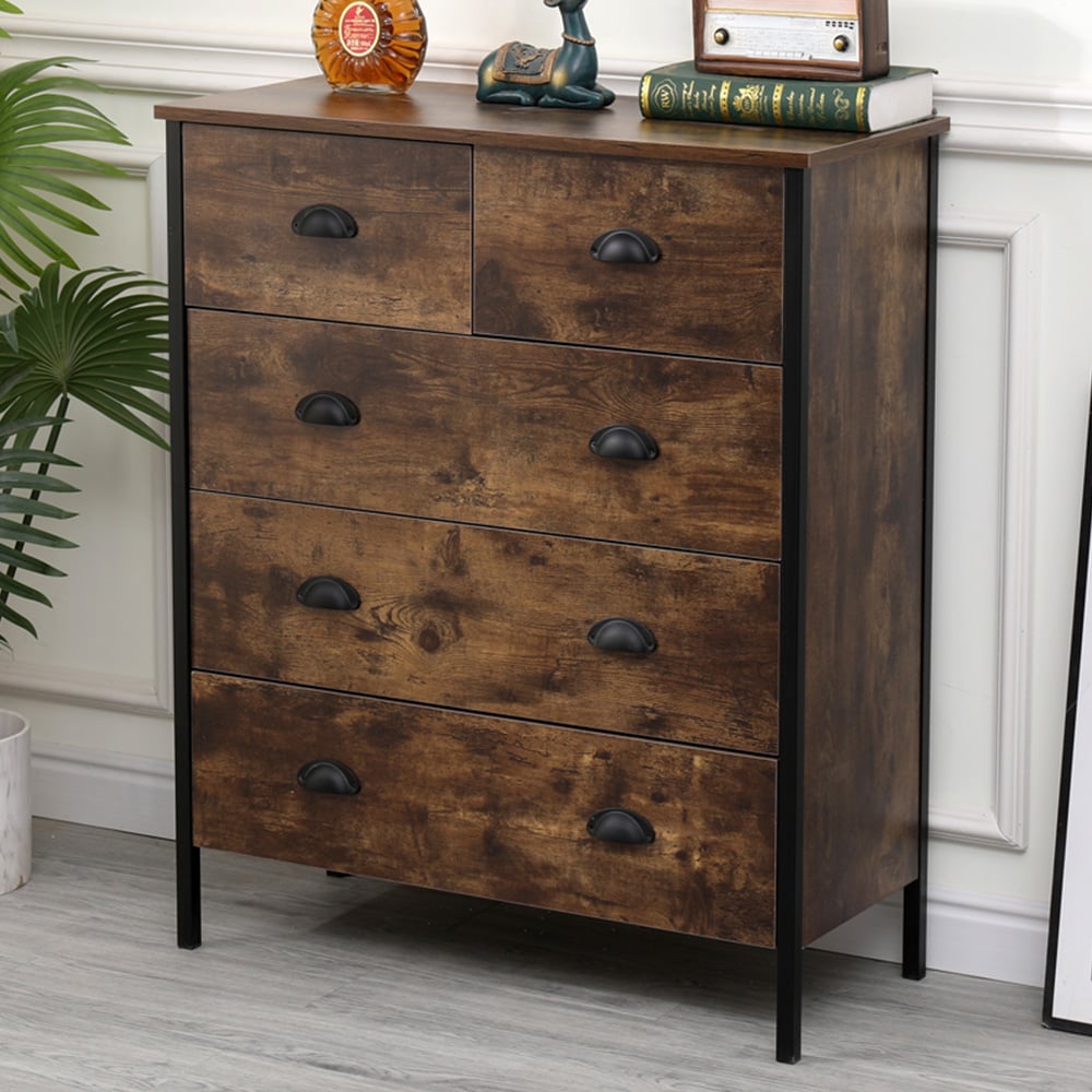FurnitureHMD 5 Drawer Brown and Black Industrial Wooden Chest of Drawers Image 1