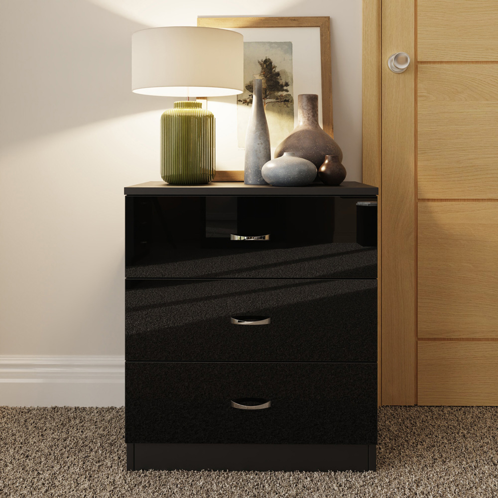 FWStyle Chilton 3 Drawer Black Gloss Chest of Drawers Image 6