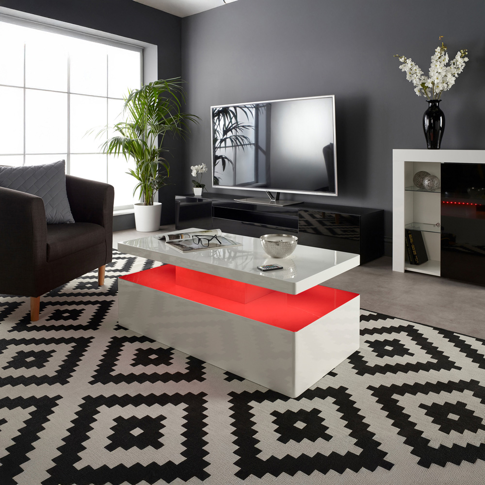 MMT Furniture Designs High Gloss White Rectangle Coffee Table with LED Lights Image 6