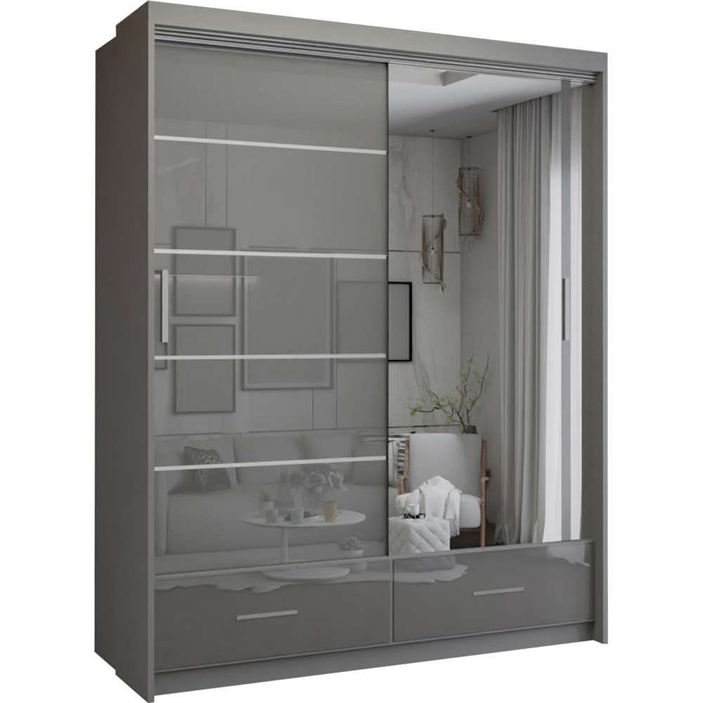 M N Furniture Seliyaa 2 Door 2 Drawer Grey High Gloss Sliding Door Wardrobe 150cm Image 2
