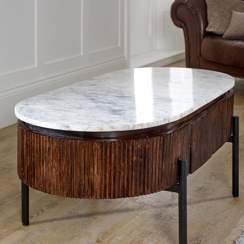 Brooklyn Opal 2 Drawer Marble Top Mango Wood Oval Rectangular Fluted Coffee Table Image 4