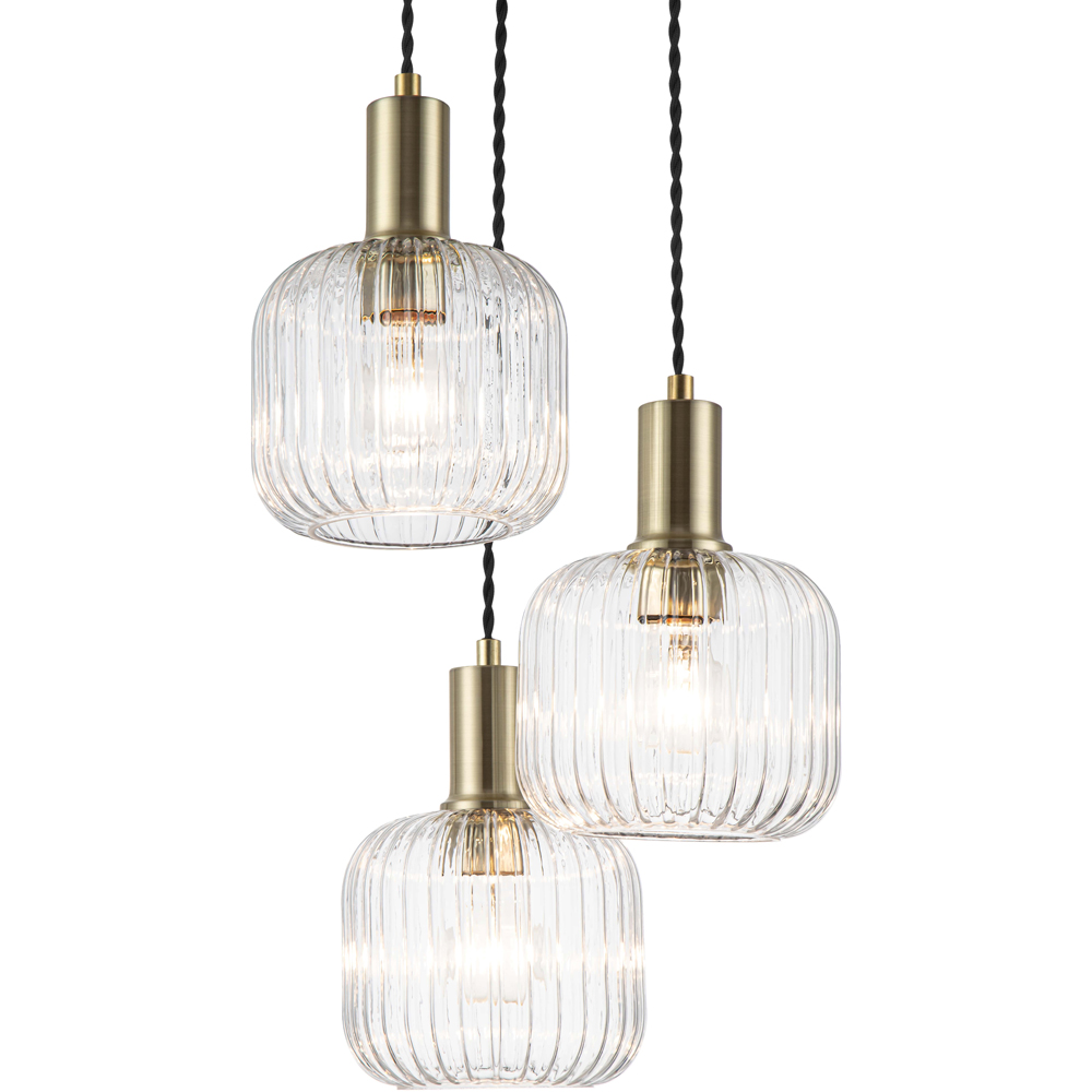 Cosylyte Maple Brushed Brass Ribbed Glass 3 Light Cluster Pendant Light Image 4