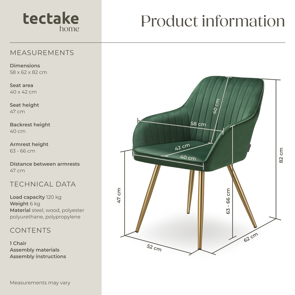 tectake Marilyn Dark Green and Gold Quilted Velvet Dining Chair Image 9