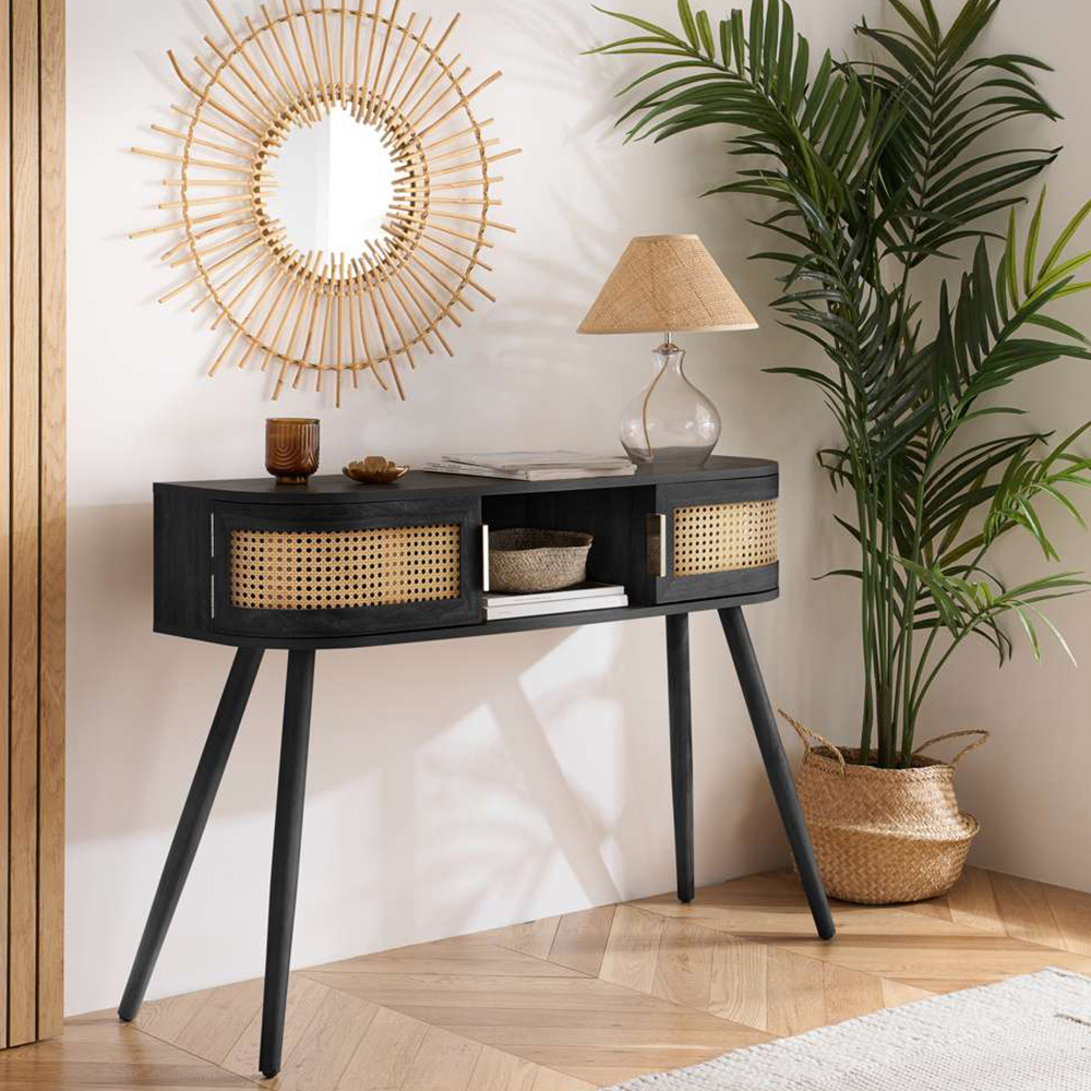 Birlea Noah 2 Door Single Shelf Black Rattan Console Table Image 8