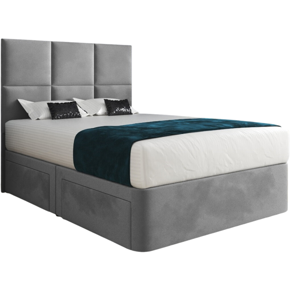 Caprio Grey Double Upholstered Divan Bed Frame with Floorstanding Cube Headboard Image 2