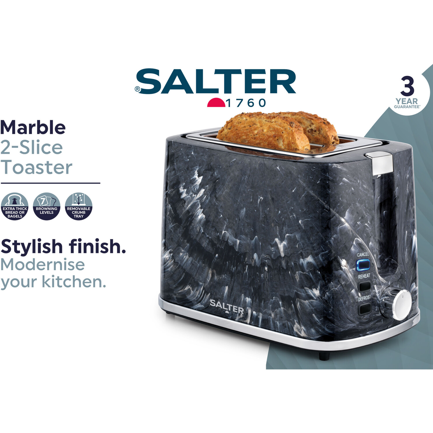 Salter Marble 2 Slice Toaster - Black Image 2