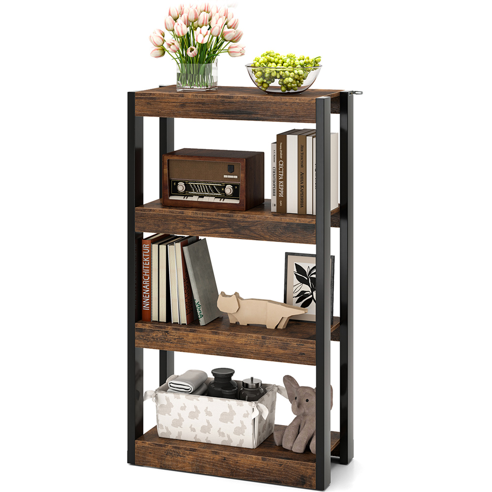 Costway 4 Tier Rustic Brown Wooden Bookcase with Dual Anti Tipping Kits Image 3