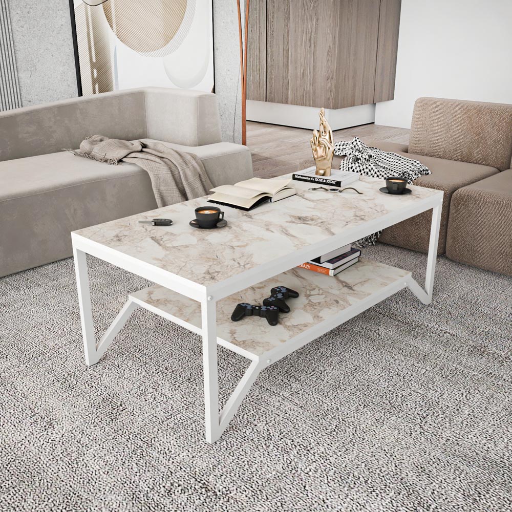 Decorotika Flora Single Shelf White Marble and White Modern Coffee Table Image 4