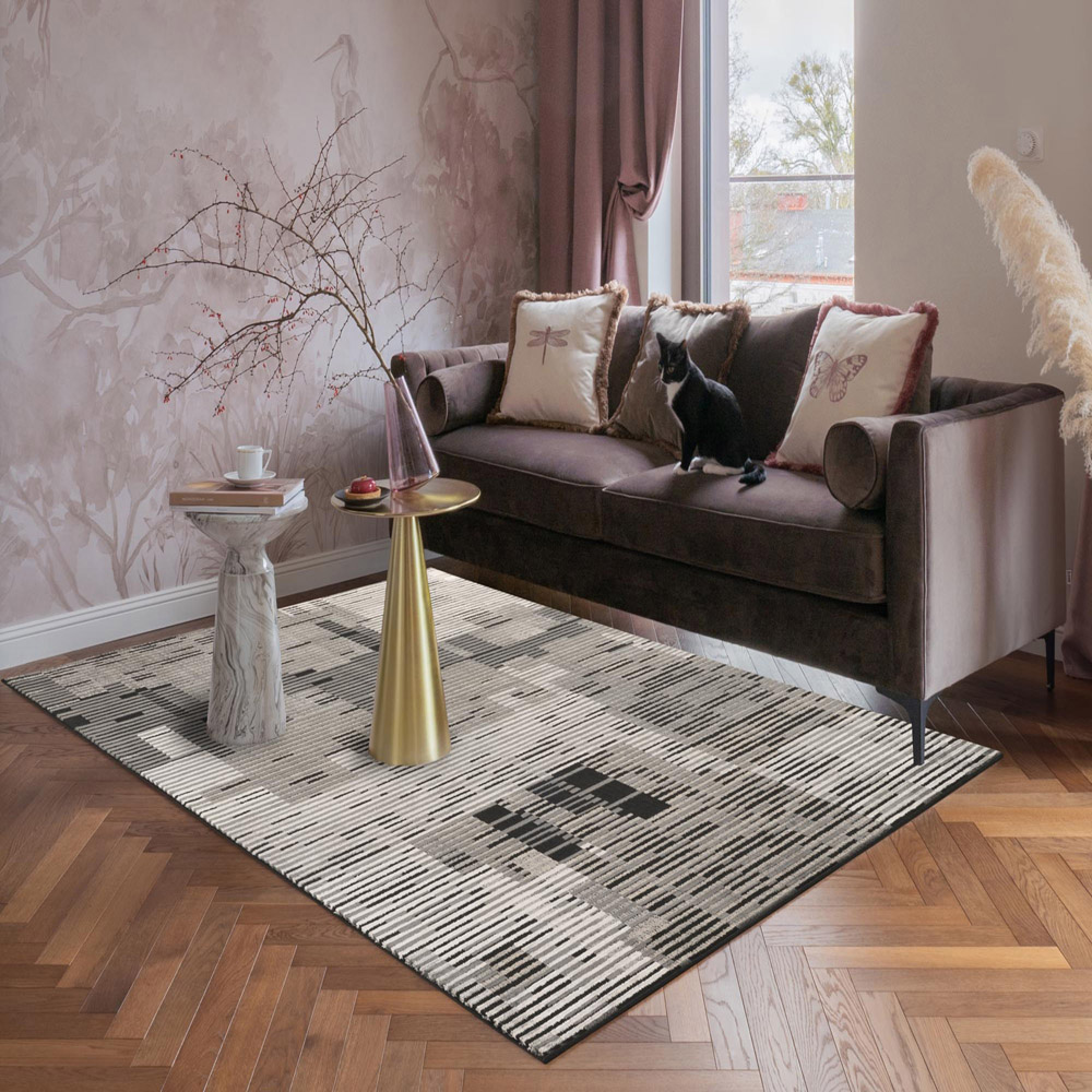 Mayfair Living Room Area Rug Metallic Sheen Contemporary Modern Matrix Design - Dark Grey 200x290 cm Image 2