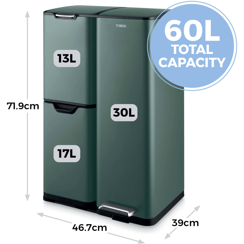 Tower Triple Recycling Green Pedal Bin 60L Image 8