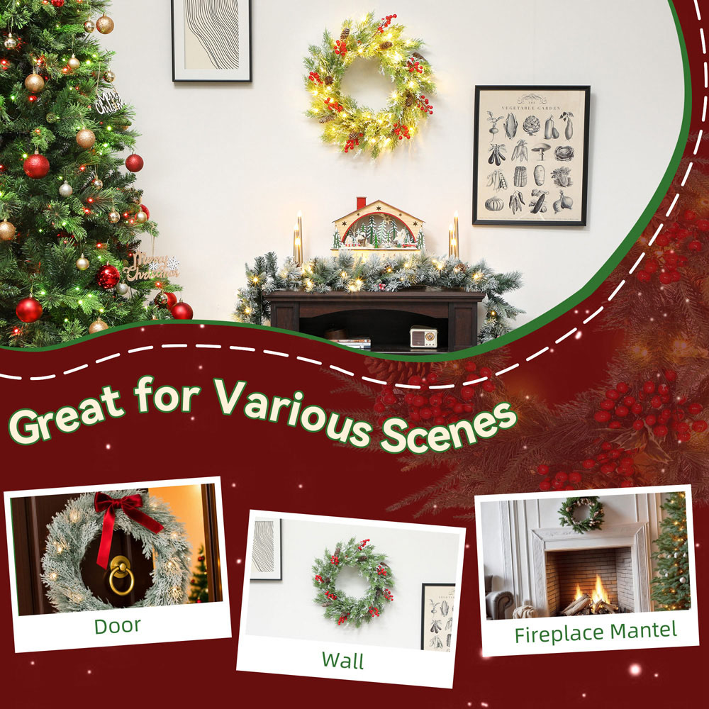 Everglow 30 Warm White LED Pre-Lit Wreath with Berries and Pinecones 60cm Image 7